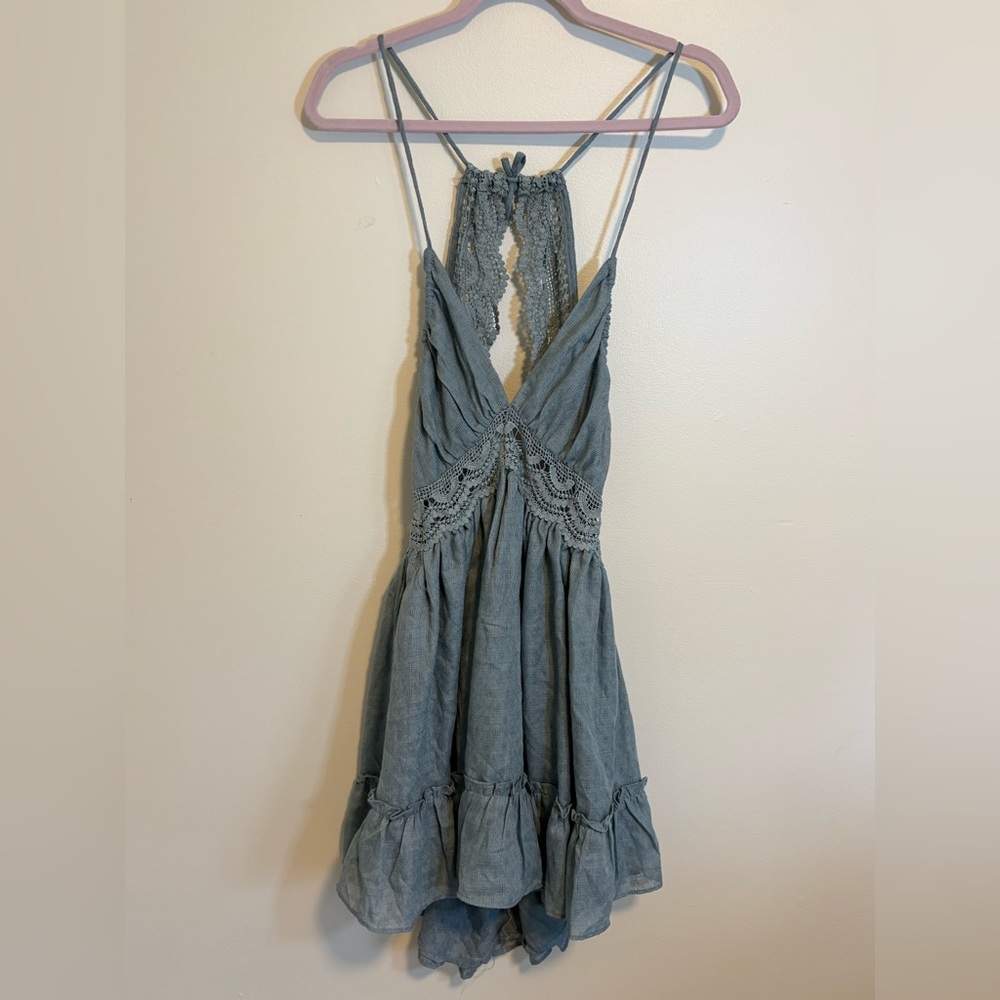 Hello Molly Blue Lace Trim‎ Mini Dress Open Back Ruffle Hem Boho NWT XS